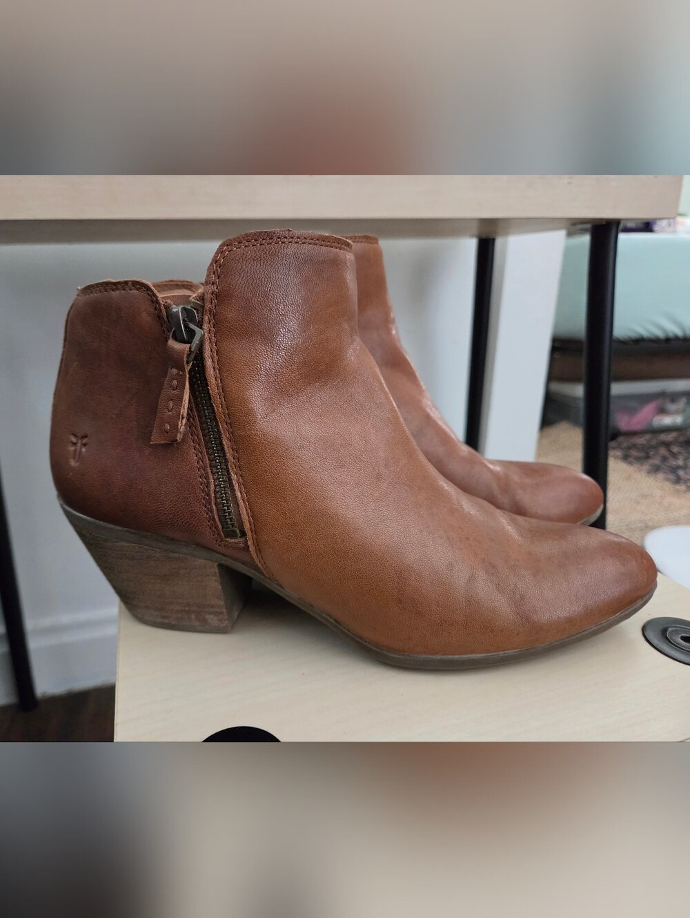 Frye Cognac Leather Ankle Booties with Side Zip Size 10